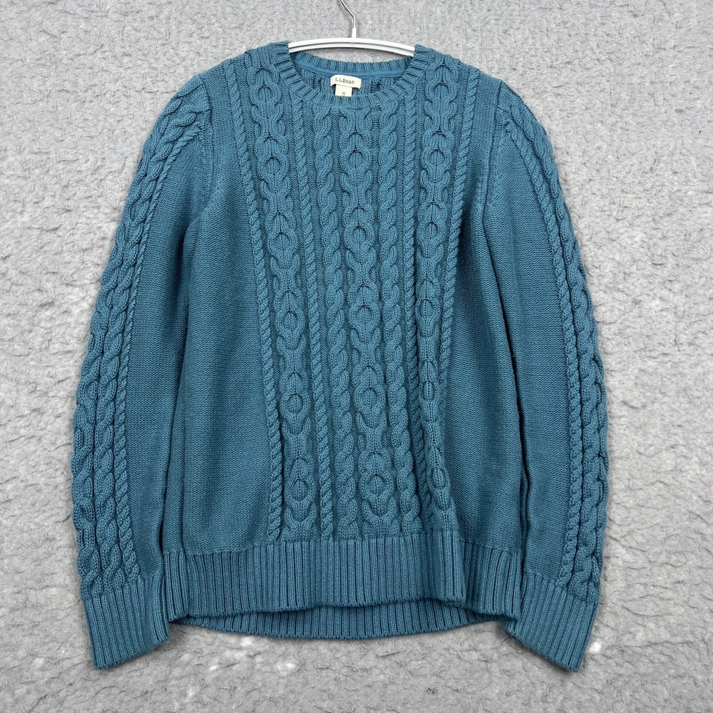 LL Bean Sweater Women's‎ Medium Blue Cable Knit 3D Double L Crewneck Pullover